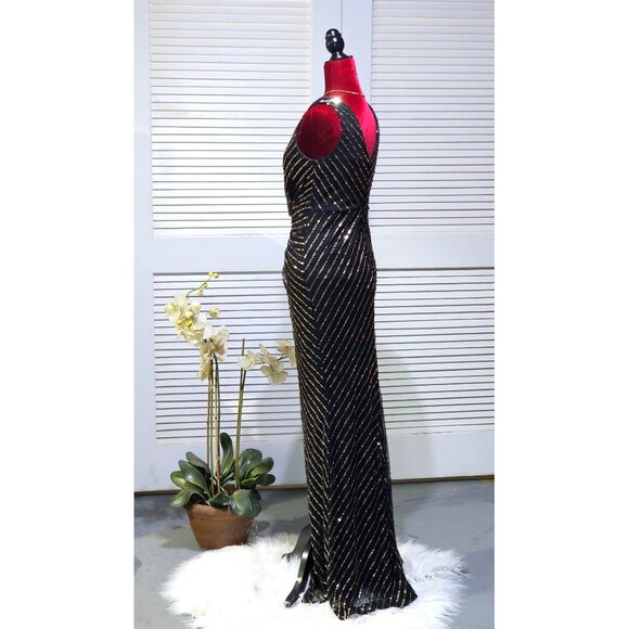 City Goddess London Women's Black Gold Sequin Maxi Dress With V-Neck Sz 6 2575 - Picture 9 of 15